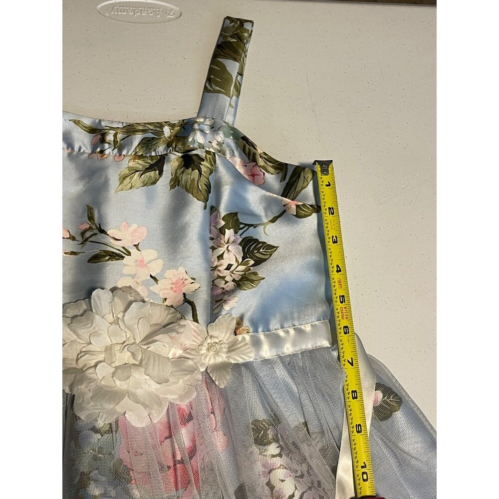 Floral Light Blue Sleeveless Girls Party Dress With Tulle Overlay & Satin Finish - Picture 14 of 14